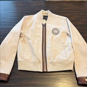 Guess Women's Cream Bomber Jacket with Brown Trim